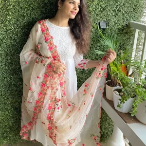 Organza Dupatta with Multicolor Floral Embroidery