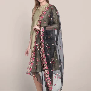 Organza Dupatta with Multicolor Floral Embroidery