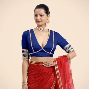 Nafeeza x Tyohaar | Cobalt Blue Embellished Elbow Sleeves FlexiFi Saree Blouse with Plunging V Neckline with Tasteful Royal Blue Gota Lace