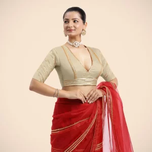 Navya x Tyohaar | Cream Elbow Sleeves FlexiFi Saree Blouse with Plunging V Neckline with Tasteful Golden Gota Lace