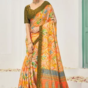 Women Jacquard Zari Woven Orange Digital Print Silk Saree With Blouse Festive Wear