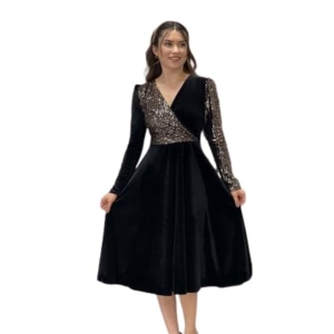 Women's Evening Wrap Dress, Black with Gold Sequin Sleeves, V-Neck, Midi Length