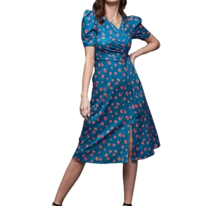 Women's Multicolored-Base-Blue V-Neck Pleated Puff Sleeve Floral Wrap Midi Polyester Dress (Multicolored-Base-Blue)