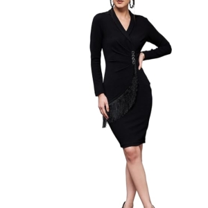 Women's Black Solid Collared Neck Full Sleeve Polyester Bodycon Knee Length Dress