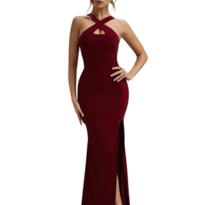 Women's Halter Neck Bodycon Maxi Dress – Sleeveless Slim Fit Dress with Front Slit & Crisscross Back(Wine)
