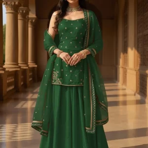 Green Organza Sequins Moti Hand Embroidered Palazzo Suit Festive Wear