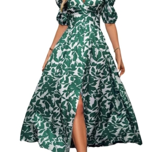 Women's V-Neck Slit Maxi Dress Printed Boho Style, Short Sleeve, Tie Waist, Summer Casual Outfit