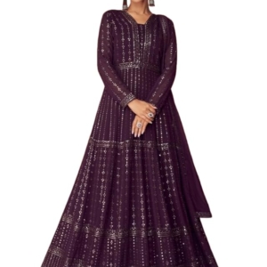 Women's Faux Georgette Stitched Top With Unstitched Bottom and Dupatta Full Sleeve Embroidered Anarkali Gown(Purple)