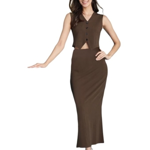 Women's Tops and Skirt Coord Set, Lycra Dress for Woman Stylish(Brown)