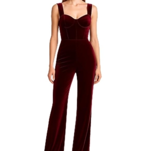 Wine Women’s Velvet Jumpsuit – Elegant Style Wide Leg – Sleeveless Sweetheart Neck Evening Romper – Soft High Waist Formal Outfit