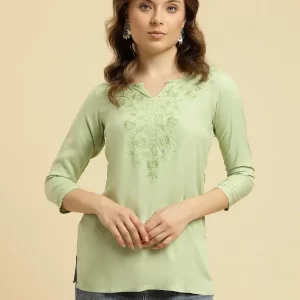 Pista Green Kashmiri Silk Work Short Kurti