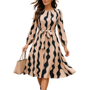 Women’s A-Line Midi Dress | Long Sleeve Belted Fit and Flare Gown | Elegant Printed Casual Outfit