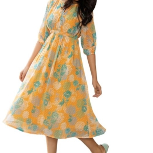 Women's Fit and Flare Midi Dobby Georgette Floral Printed Flared Dress (Mustard)