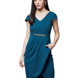 Women's Fit and Flare Knee Length Solid V-Neck Cap Sleeves Polyester Side Pocketed Dress
