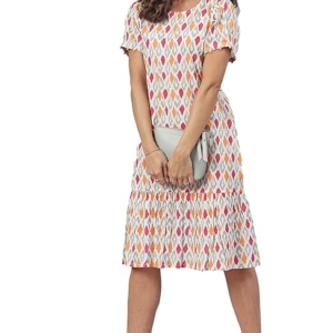 Women's Cotton Printed A-Line Western Knee-Length Dress(Light Pink)