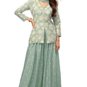 Women Blue Color Art Silk Readymade Short Top With Palazzo