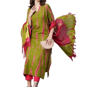 Women Cotton Blend Kurta with Pant & Dupatta(Green)