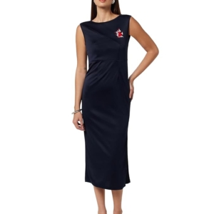 Women’s Navy Cotton Blend Knitted Bodycon Dress | Sleeveless Boat Neck Slim Fit Calf Length Style with Embroidered Patch
