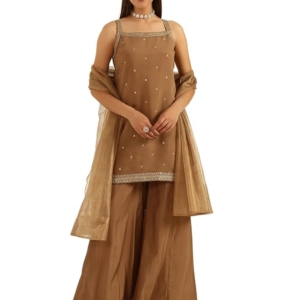 Women's Brown Viscose Chanderi Straight Kurta with Palazzo and Dupatta