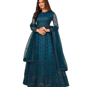 Women's Net Embroidered Semi-Stitched Gown  Gown-New(Teal Blue)