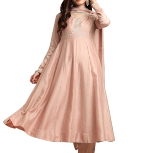 Women's Silk Anarkali & Pant with Dupatta Set(Rose Pink)