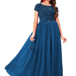 Elegant Women's Gown with Sequins Work | Velvet Bodice & Net Flare | Short Sleeve, Boat Neck (Blue)