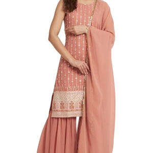 Women's Georgette Straight Kurta Sharara Set with Dupatta(Peach)