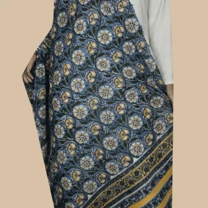 Deep Blue with Florals Block Printed Mul Cotton Dupatta