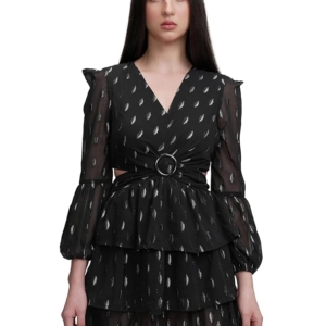 Women's Chic Cut-Out Ruffle Dress with Long Bishop Sleeves A Playful Yet Elegant Short Dress for Every Occasion(BLACK)