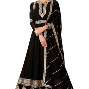Women's Black Faux Georgette Stitched Top with Dupatta Full Sleeve Embroidered Anarkali Gown