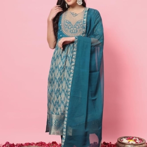 Women's Cotton Silk Kurta Pant Set with Nazmin Jacquard Lace Dupatta(Teal Blue)