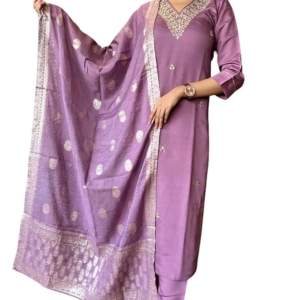 Women's Viscose Silk Embroidery Kurta Bottom Set, and Dupatta Set Traditional Kurta Set for Women(Rose Pink)