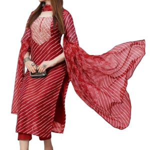 Women's Cotton Blend Straight Printed Kurta with Pant & Dupatta(Red)