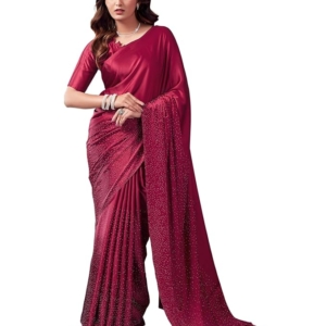 Women's Satin Silk Hot Fixing Stone Work Saree with Unstitched Blouse(Maroon)