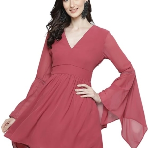 Women's Georgette Knee-Length Skater Dress(Pink)