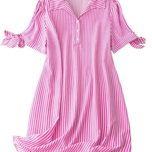 Striped Shirt Style Mini Dress for Women | Collared Casual A-Line | Tunic with Tie Sleeves & Front Buttons (PINK)