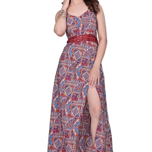 Women Printed Slit Maxi Dress Sleeveless Spaghetti Strap Ethnic Fusion Long Dress for Evening Vacation Festive Occasion