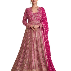 Women's Pink  Stitched Gown with Dupatta Full Sleeve Embroidered Anarkali Gown