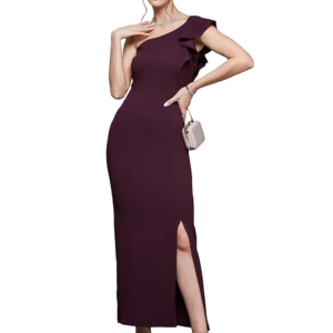 Women's Solid One Shoulder Sleeveless Ruffled Maxi Dress (Plus Size)