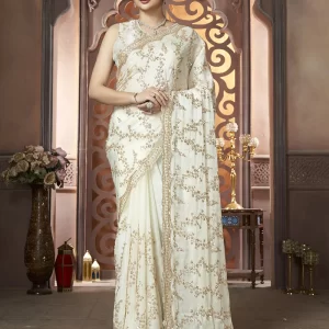 Cream Organza Hand Embroidered Sequins Beads Work Saree Wedding Wear